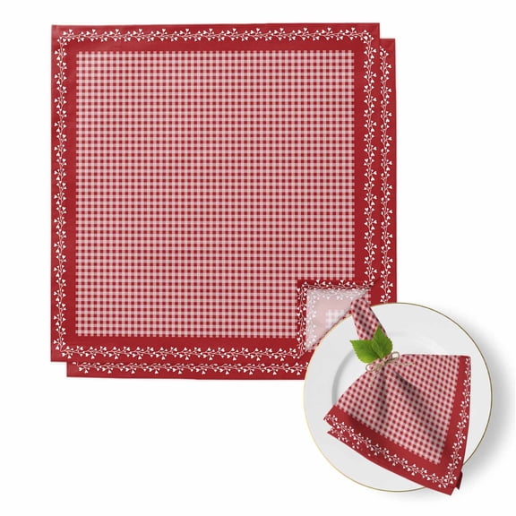 Valentine's Day Cloth Napkins Set of 2 Vintage Red White Buffalo Plaid Branches Lace Border Soft Washable Square Dinner Napkins for Party Wedding Restaurant Hotel Cocktail 20x20 Inch
