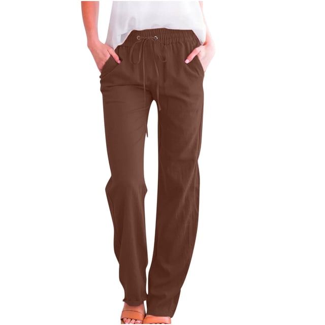 Women's Cargo Pants High Waisted Drawstring Elastic Straight Leg Long Pants With Pockets Pants Women Coffee M