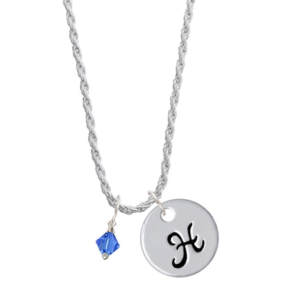 Delight Jewelry September - Blue Crystal Bicone Silvertone Script Initial Disc - H - Charm Necklace, 20"+3"