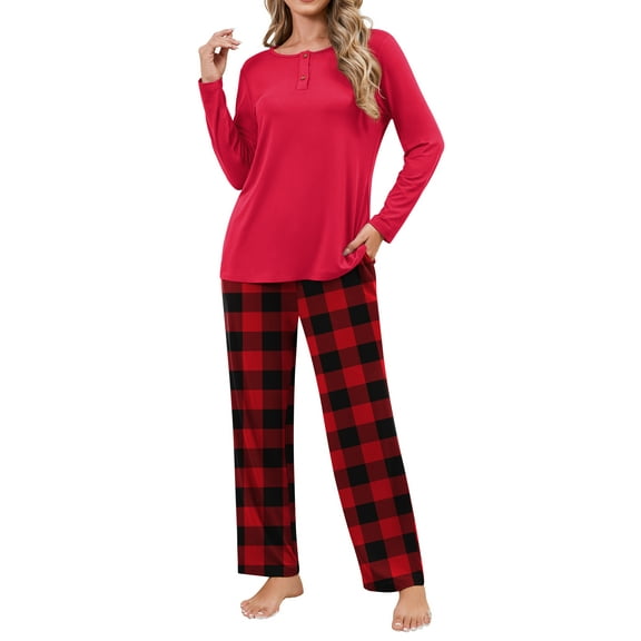 Qylux Women's Pajama Long Sleeve Adjustable Long Pants Sleepwear Set Soft Two Piece Matching Set with Pockets,Red Grid,XL