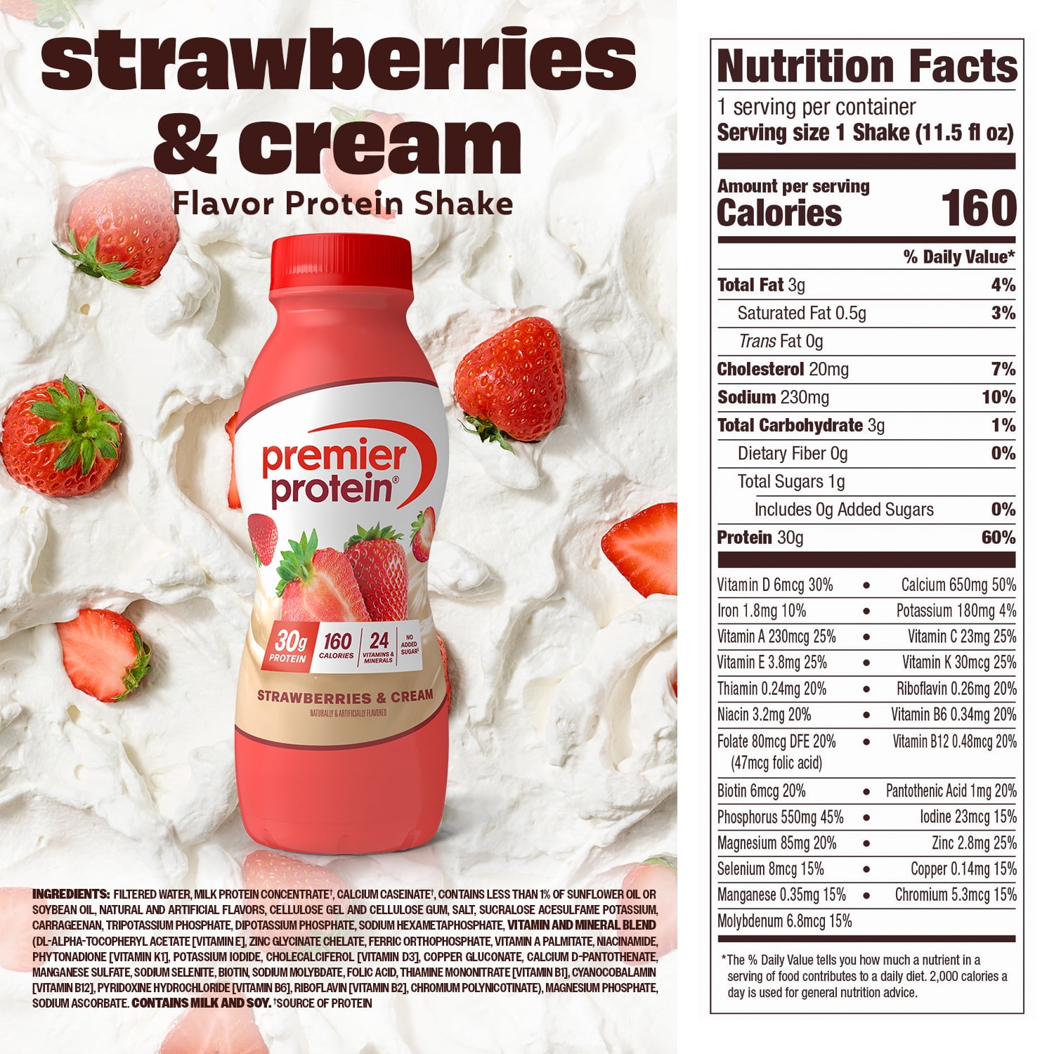 (3 pack) Premier Protein Shake, Strawberries & Cream, 30g Protein, 11.5 fl oz, 12 ct