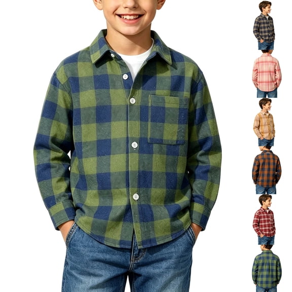 Xcmzpl Boys Plaid Button Down Shirt Long Sleeve Lightweight Flannel Checkered Dress Shirts with Chest Pocket 2-15 Years