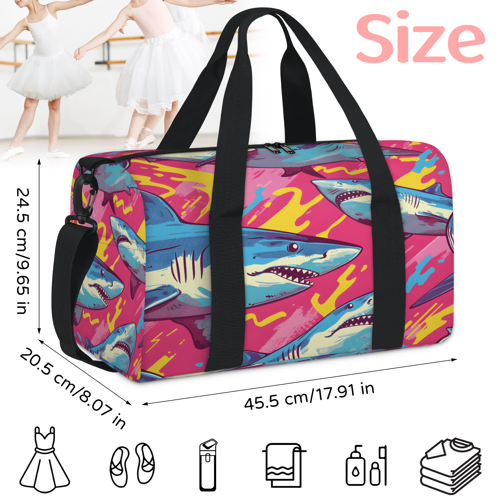 Herdesigns Ocean Sharks Gym Bag for Women, Duffle Bag for Travel Sport, Ocean Animal Lightweight Waterproof Carry on Weekender Dance Yoga Workout Bags