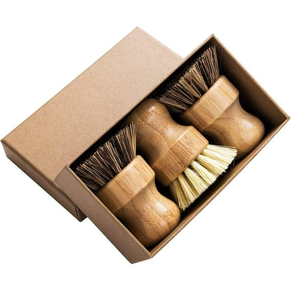 Palm Pot Brush- Bamboo Round 3 Packs Mini Dish Brush Natural Scrub Brush Durable Scrubber Cleaning Kit with Union Fiber and Tampico Fiber for Cleaning Pots, Pans and Vegetables