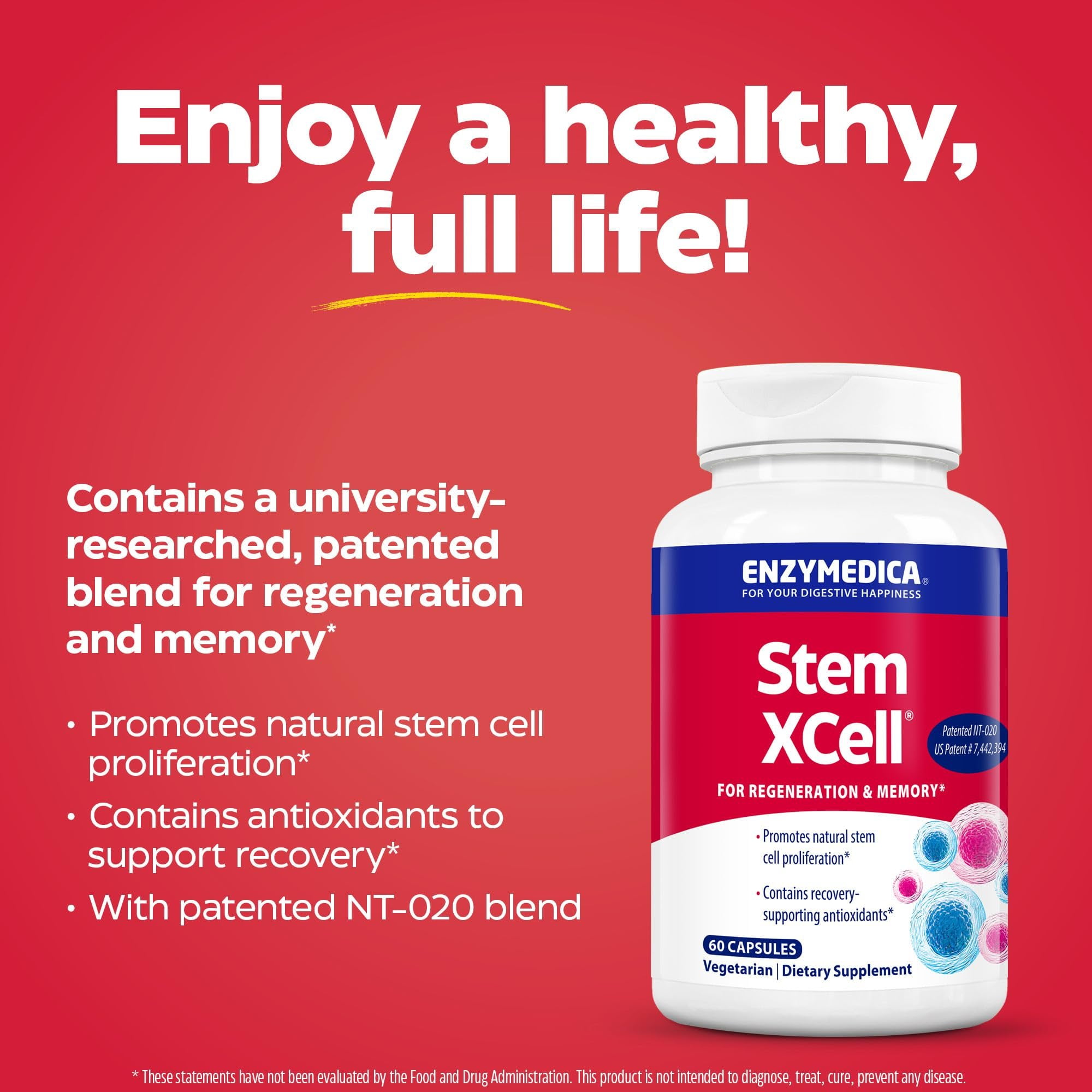 Enzymedica, Stem XCell, Antioxidant Support for Cellular Renewal, Brain Health and Stem Cell Regeneration, Vegetarian and Non-GMO, 60 capsules (30 servings)