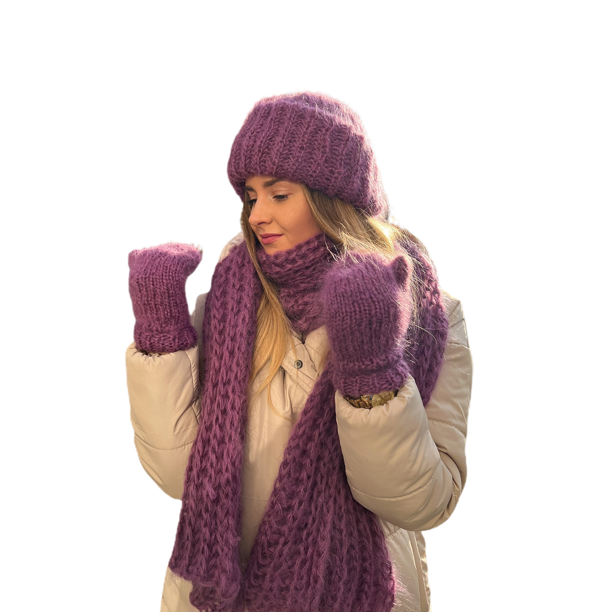 LITZEE Women Knitted Hat Scarf Set Winter Warm Thicken Crochet Bobble Pom  Pom Beanie Hat Cap