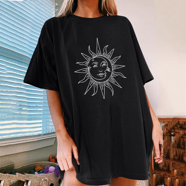 Puntoco Blusa de manga corta informal con estampado de sol y luna vintage para mujer Puntoco Puntoco-3516