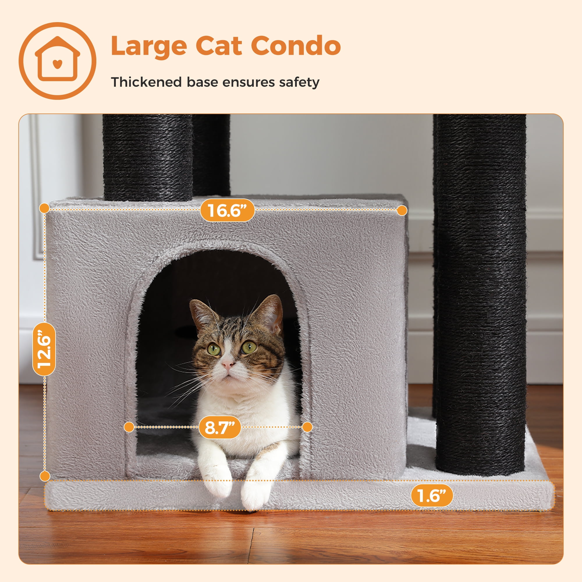 PAWZ Road 67" Extra Large Cat Tree, Thick Scratching Posts Multi-level Cat tower with 3 Hammocks, Black