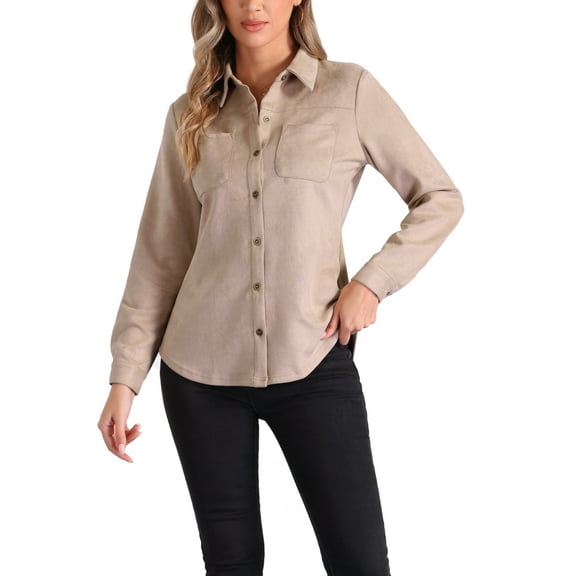 INSPIRE CHIC Faux Suede Shirt for Women's Stretch Dressy Casual Button Down Long Sleeve Shirt 2024 Fall Clothes XS Beige