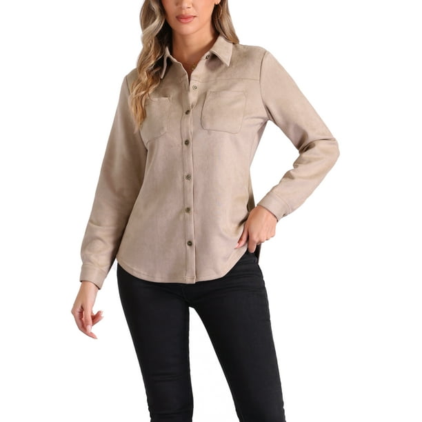 CAMISA DE SUEDE FALSO INSPIRE CHIC PARA MUJER, CAMISA DE BOTONES DE MANGA LARGA ESTILO CASUAL ELEGANTE, ROPA DE OTOÑO 2024, M BEIGE