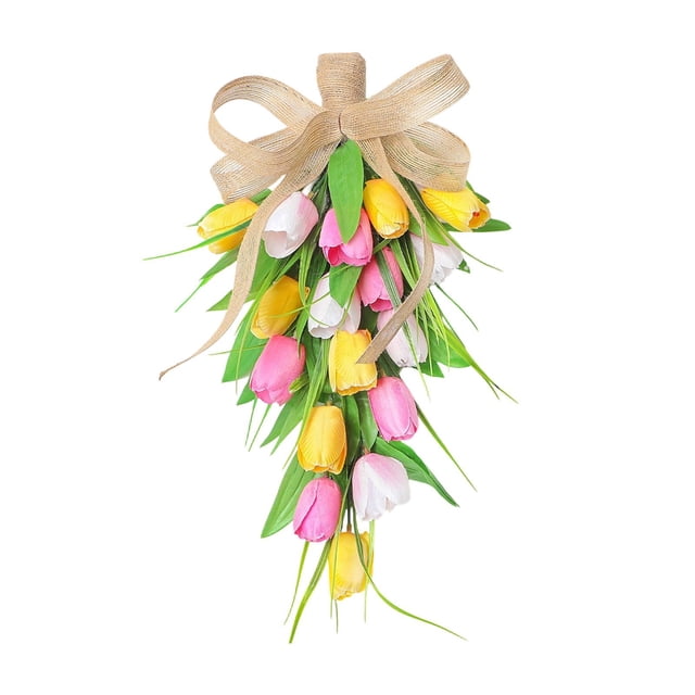 Guirnalda decorativa de tulipanes en forma de lágrima con un lazo para decorar puertas y Amarillo Blanco Rosa