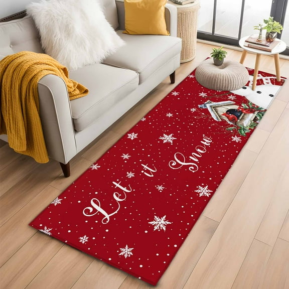 Red Snowman Christmas Kitchen Runner Rug 2x6 Washable Runners for Hallway Non Slip Xmas Snowflake Birds Berry Winter Large Area Rug Indoor Floor Carpet for Bathroom Laundry Entryway Bedroom