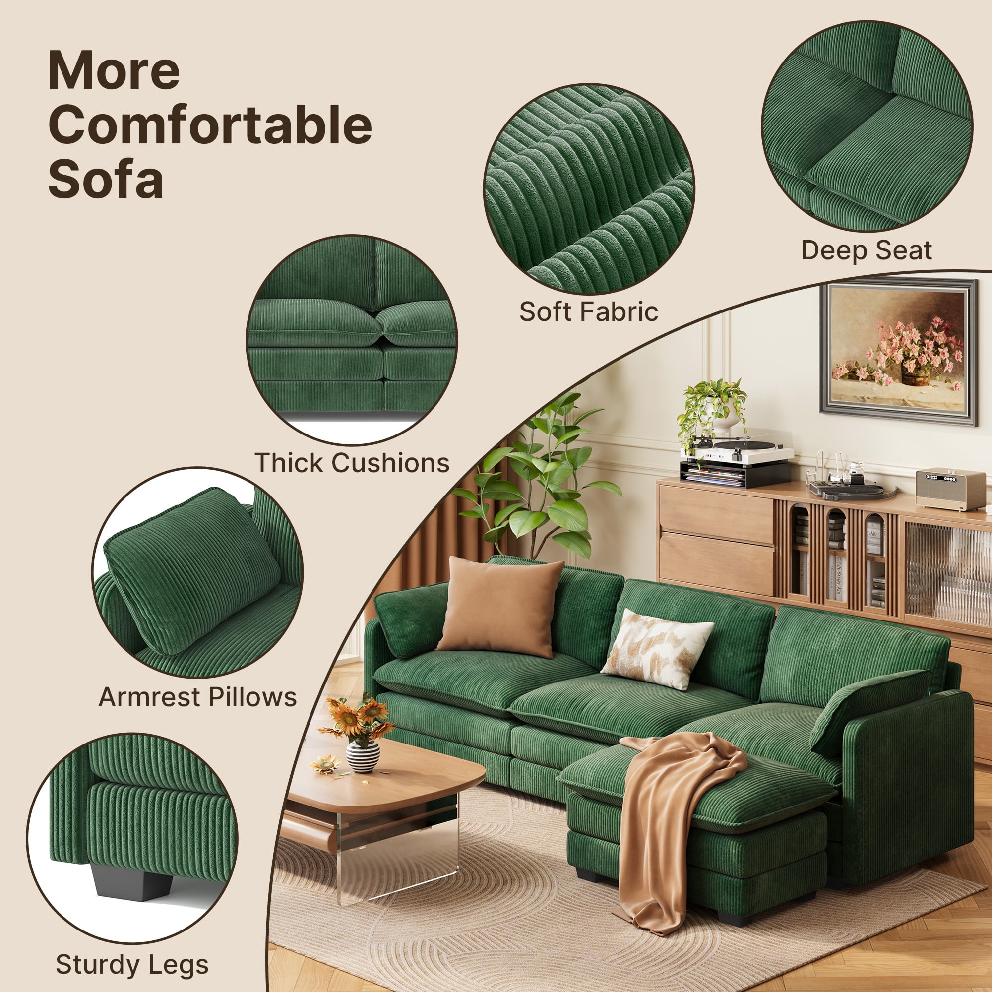 Sofa, Lofka 110“ Modular Couch Bed with Double Layer Cushions and Movable Ottoman, Modern Comfy Cloud Sofa for Living Room, DIY Combination, Green