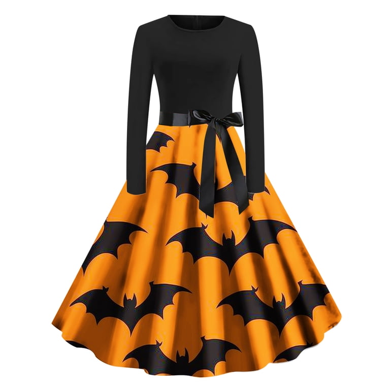 halloween dresses amazon Qatainlav Cocktail for Women Funny Print Costume Long Sleeve A Line Hepburn Dress, Blue, S, Women's, Size: Small adults shivered long sleeve black dress amazon