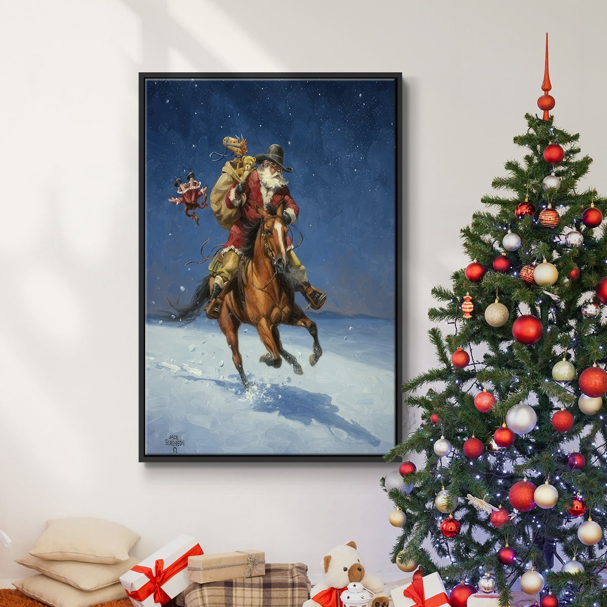 Midnight Rider - Framed Gallery Wrapped Holiday Canvas - 27 x 41 - Black Frame