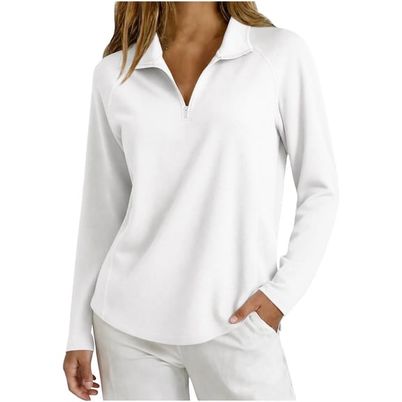 yeiolnoer Tops for Women Loose Fit Long Sleeve Casual Shirts Quarter Zip Lapel T Shirt for Athletic Workout(White,X-Large)