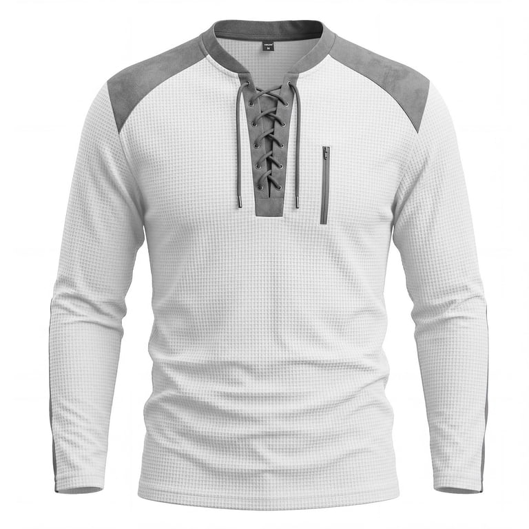 JUUYY Men's Waffle Henley Shirts Lace-Up V Neck Long Sleeve