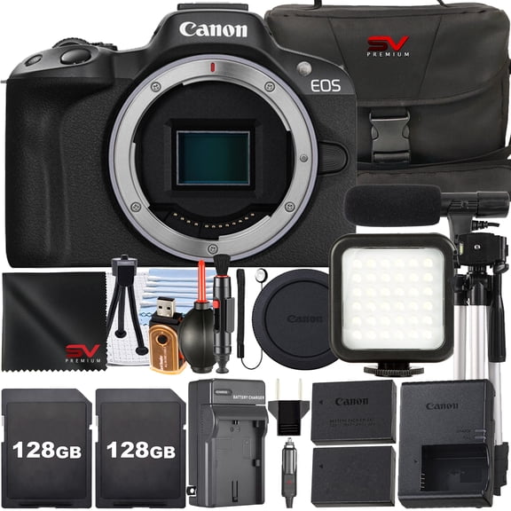 Canon EOS R50 Mirrorless Camera (Body Only) with 2 Pack 128GB Memory Card   Case   LED Flash   SV Premium Accessory Bundle (International Version)