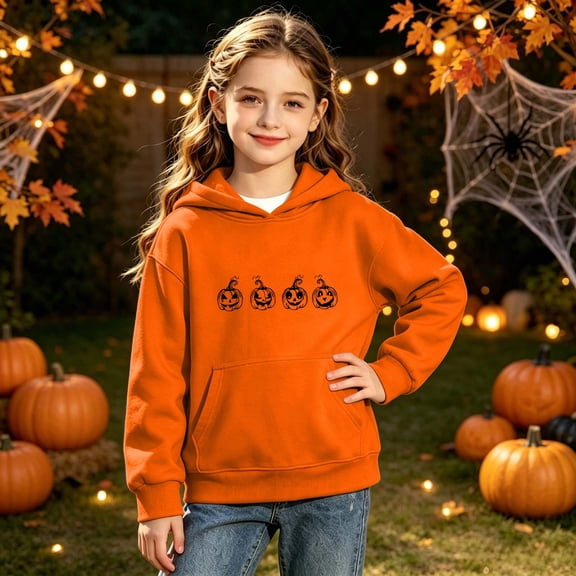 CBASIHI Girls Halloween Sweatshirts with Pockets Fleece Long Sleeve Pumpkin Print Casual Cute Pullover Hoodies Orange 4 T-12 T