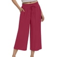 thumbnail image 2 of Cotton Linen Capri Pants for Women Elastic High Waist Loose Wide Straight Leg Cropped Pants with Pockets Womens Capris, 2 of 5