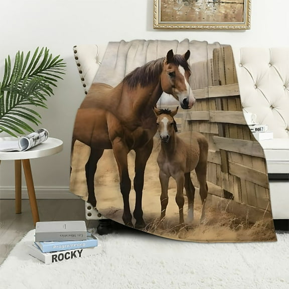 Creowell Horses Wooden Fence Barn Print Flannel Throw Blanket for Bed Sofa Living Room Decor | All Seasons Long-Lasting Lightweight Blanket 40x50in