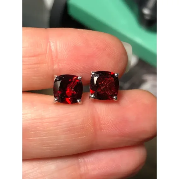 Mangal Jewels 3 Ct Cushion Cut 4mm Red Garnet Solitaire Womens Stud Earrings 14k White Gold Finish