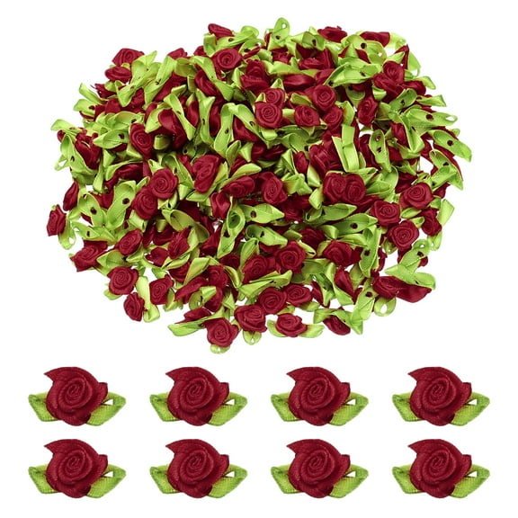 Uxcell 500 Pcs Mini Ribbon Roses Flowers Bows for Crafts, 15mm/0.6" Dia Small Artificial Ornament Applique for DIY Wedding Birthday Festival Decoration, Wine Red