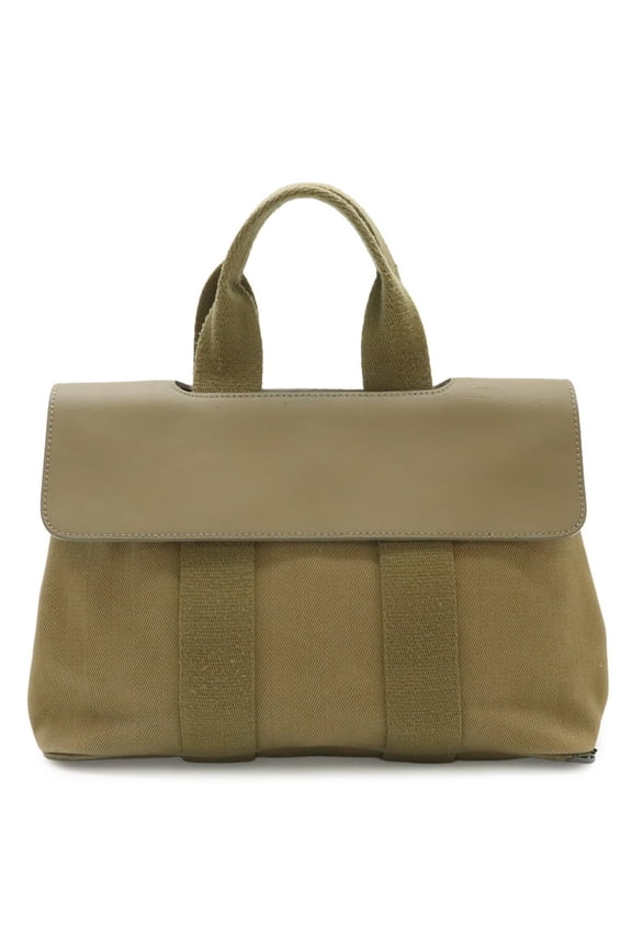 Pre-Owned HERMES Valparaiso PM Handbag Tote Bag Toile Chevron Leather Light Khaki