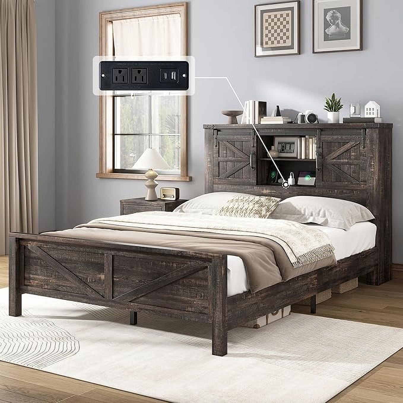 Merluxy 44" H farmhouse Full Bed Frame with Storage Bookcase & Charging Station, Bedroom Furniture, Black
