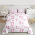 thumbnail image 2 of jejeloiu Ribbon Bowknot Print Queen Comforter Set,Pink Bow Pattern Bedding Comforter Set For Kids Reversible 3pcs, 2 of 8