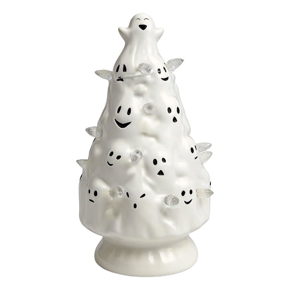 Cadancy Halloween Decorations Ceramic LED Light Up Ghost Tree Ornament for Mantel Shelf Table Centrepiece Decor Spooky Seasonal Home Decor Night Light Holiday Gift