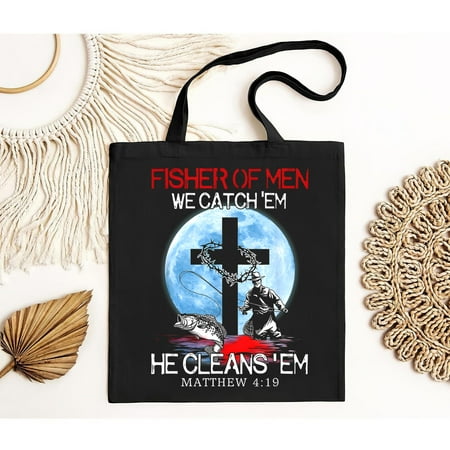 vintage Fisher Of Men We Catch Em He Cleans Em Matthew9 Bag Gift Black Tote Bag-TH21511