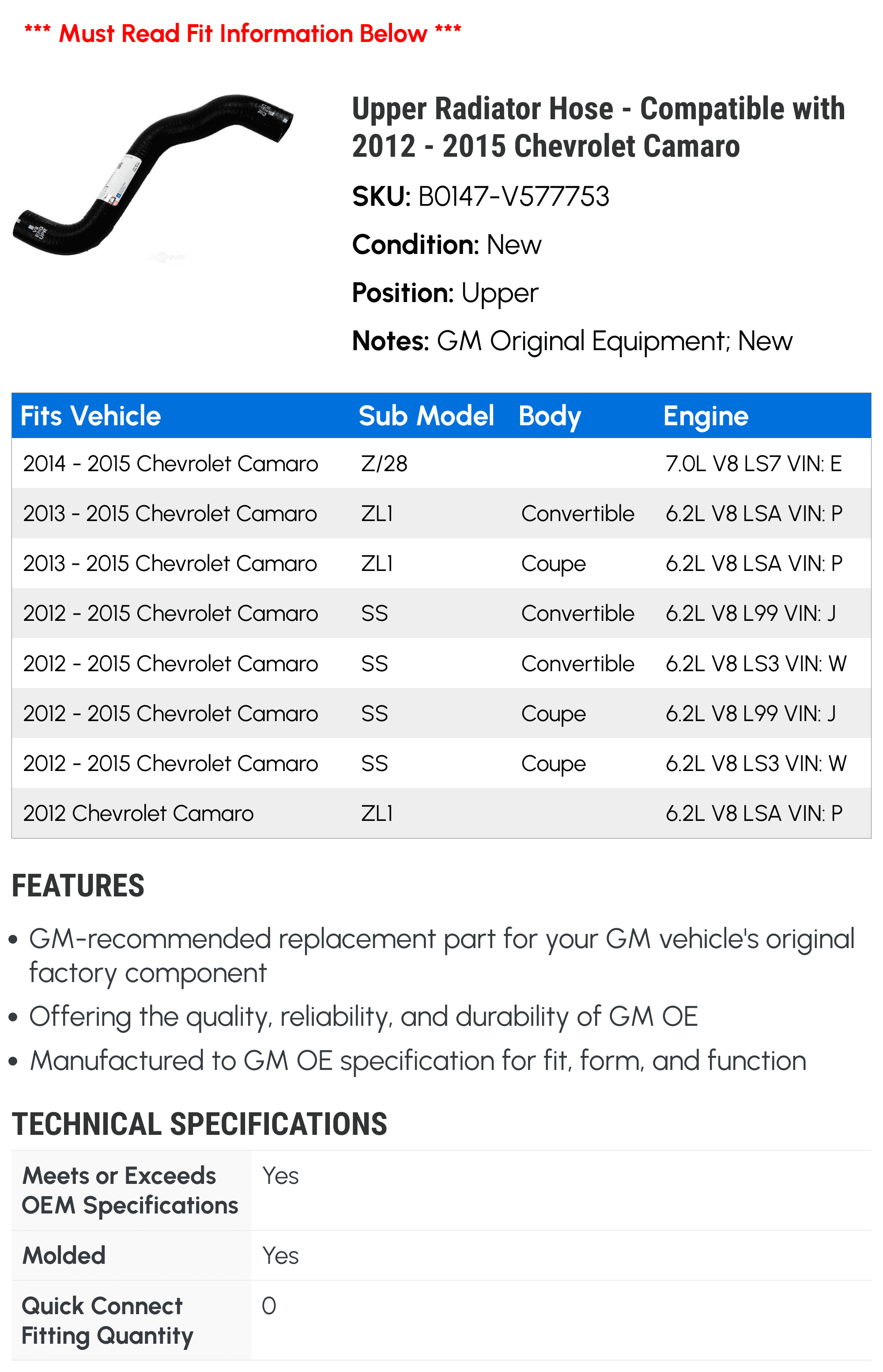Upper Radiator Hose - Compatible with 2012 - 2015 Chevrolet Camaro - AC Delco