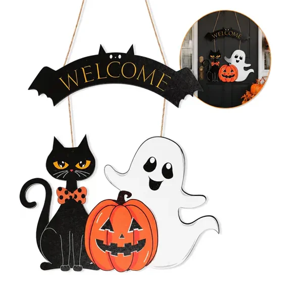 1Pcs Halloween Wooden Door Sign, Ghost Pumpkin Black Cat Bat Wreath Hanging Decor, Welcome Farmhouse Wall Sign, Indoor Outdoor Halloween Door Decor for Home Party Supplies