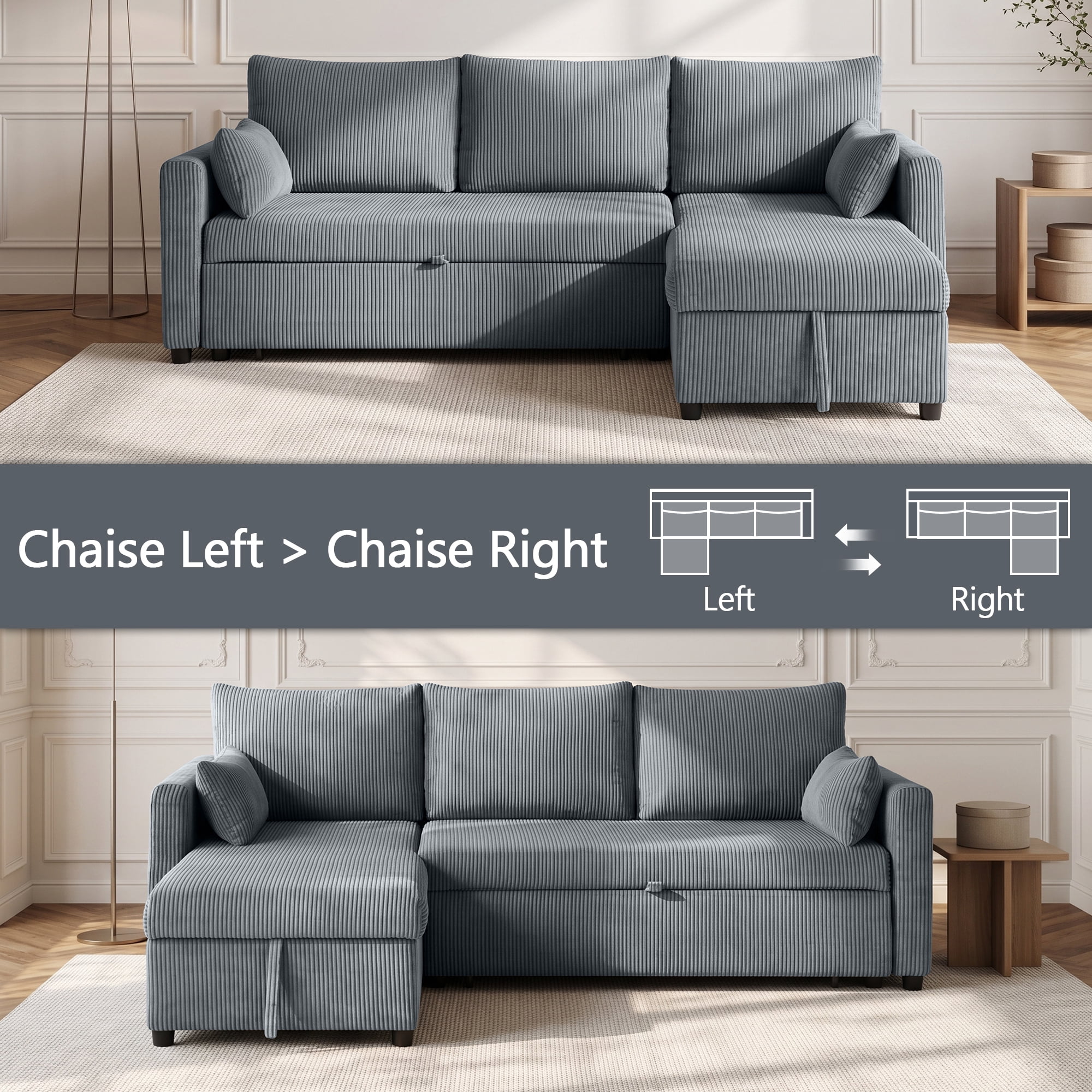 Xiweot Convertible Sectional Sleeper Sofa Bed, 85" L Shaped Couch with Pull Out Bed, Side Pockets & Storage Chaise, Corduroy 3 Seater Sectional Couch for Living Room Apartment (Gray)