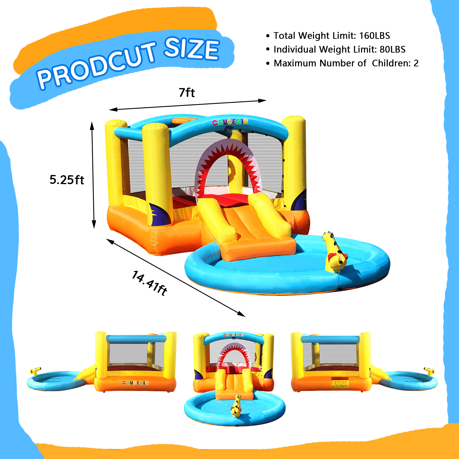 Causeair Inflatable Bounce House with Ball Pit, Wet and Dry Use, Basketball Hoop, Water Slide