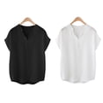 thumbnail image 4 of BUYISI Womens New Short-sleeved Chiffon Shirt Stylish Loose V-neck top Black L, 4 of 7