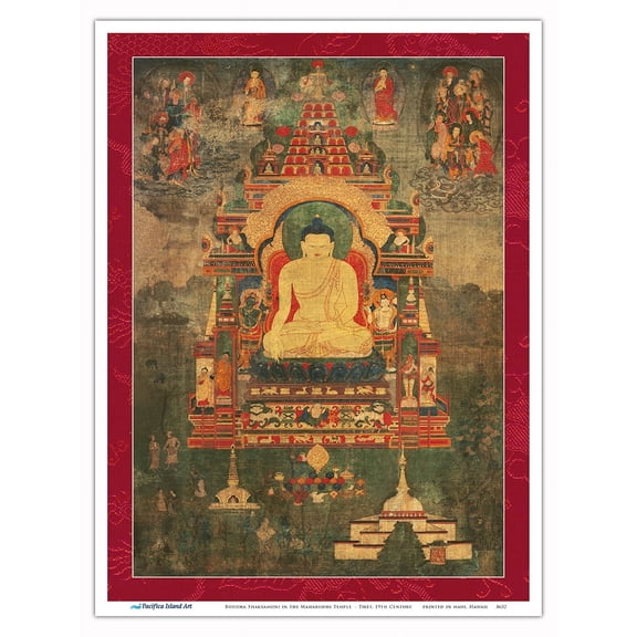 Buddha Shakyamuni in the Mahabodhi Temple - Vintage Tibetan Thangka Buddhist Painting - Tibet, 19th Century - Master Art Print (Unframed) 9in x 12in