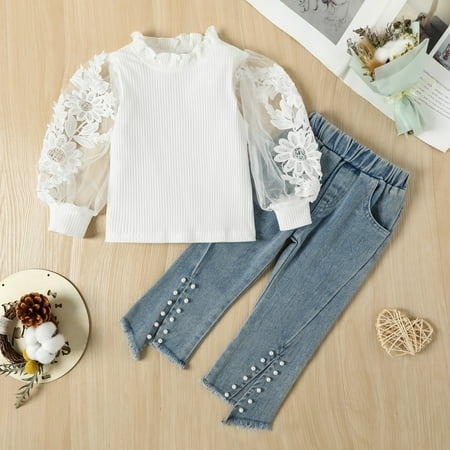 

niuredltd toddler kids baby girls puff sleeve flower lace ribbed t shirt tops crop denim jeans long pants 2pcs outfits clothes set