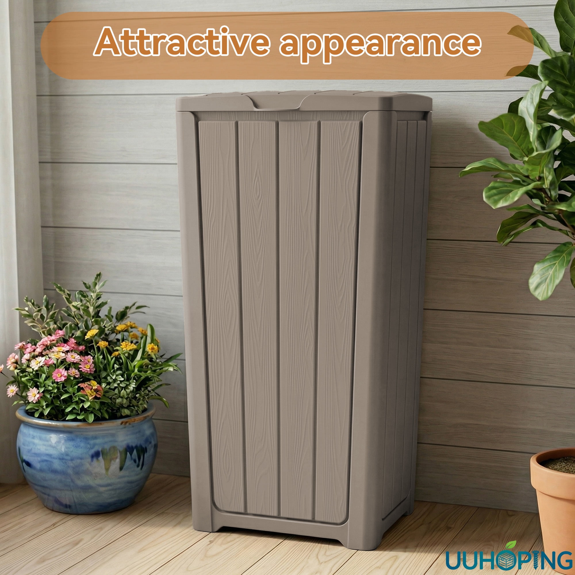 Fazzn  Baltimore Resin 33 Gallon Outdoor Kitchen Trash Can with Lid and Drip Tray for Easy Cleaning-Perfect for Patio Dining, Black/Brown