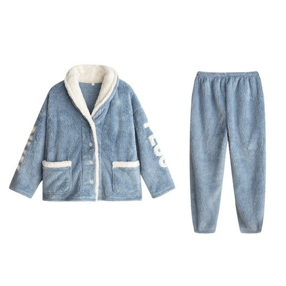 Flannel Women Pajamas Set Winter Warm Thick Velvet Long Sleeve Button Down Top and Pants Embroidery Fleece Sleepwear