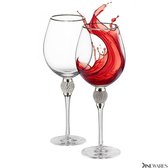 Set of 2 Silver-Rimmed Red Wine Glasses with Diamond Rhinestone Accent - 18 oz, 10 Inches Tall - Perfect Toasting Glasses for Bride and Groom, Great for Party, Wedding Anniversary
