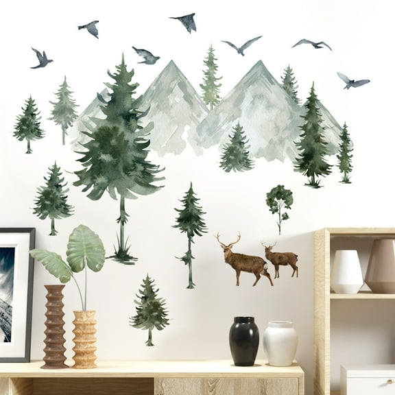 Large Mountain Wall Decals Pine Tree Forest Animal Wall Decals Peel and Stick Forest Tree Woodland Deer Birds Animal Wall Decals Mountain Tree Wall Stickers for Kids Room Nursery Decor