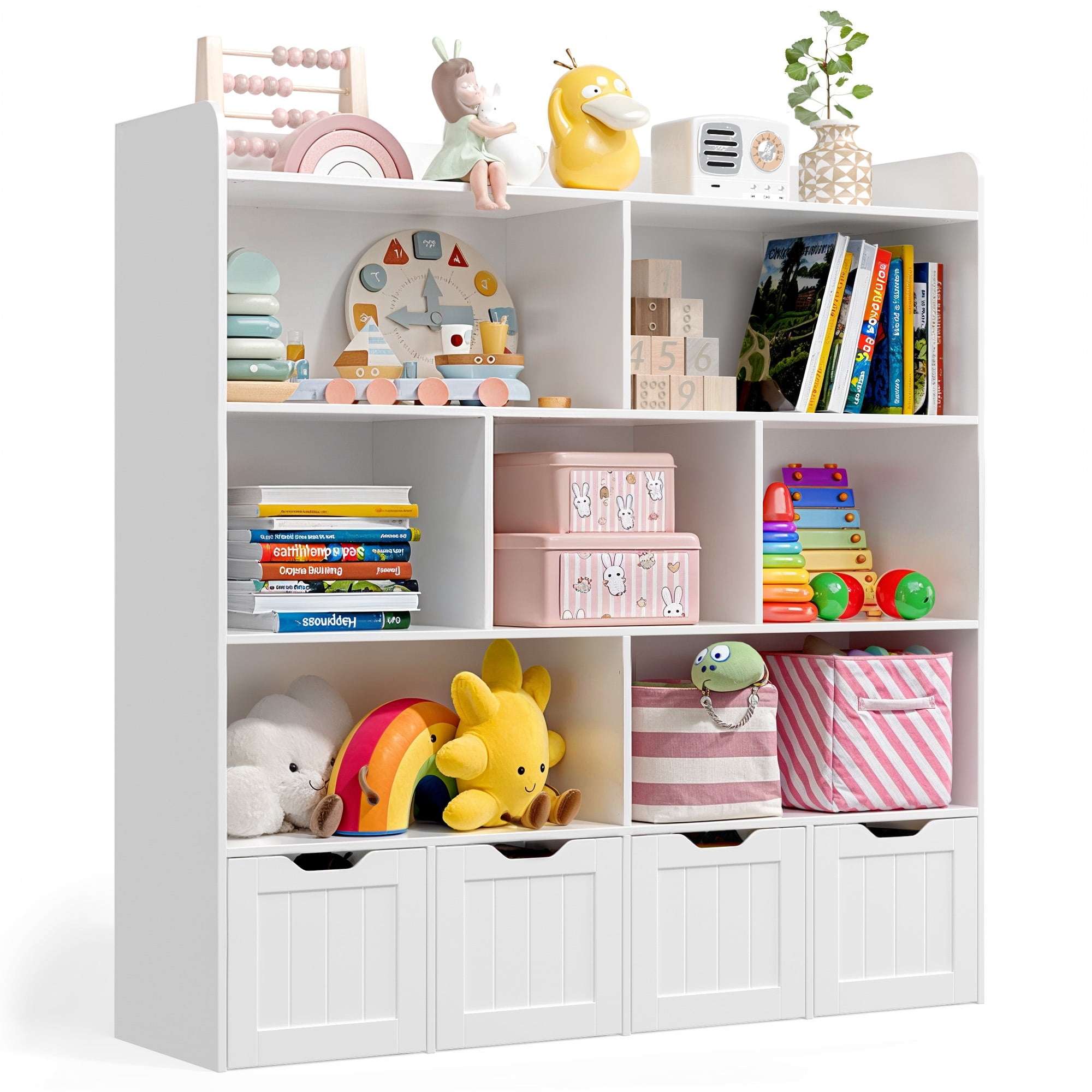 Lofka Kids Bookshelf and Toy Storage Organizer with7 Storage Cubes, 4 Movable Bins & Raised Edge Top, White