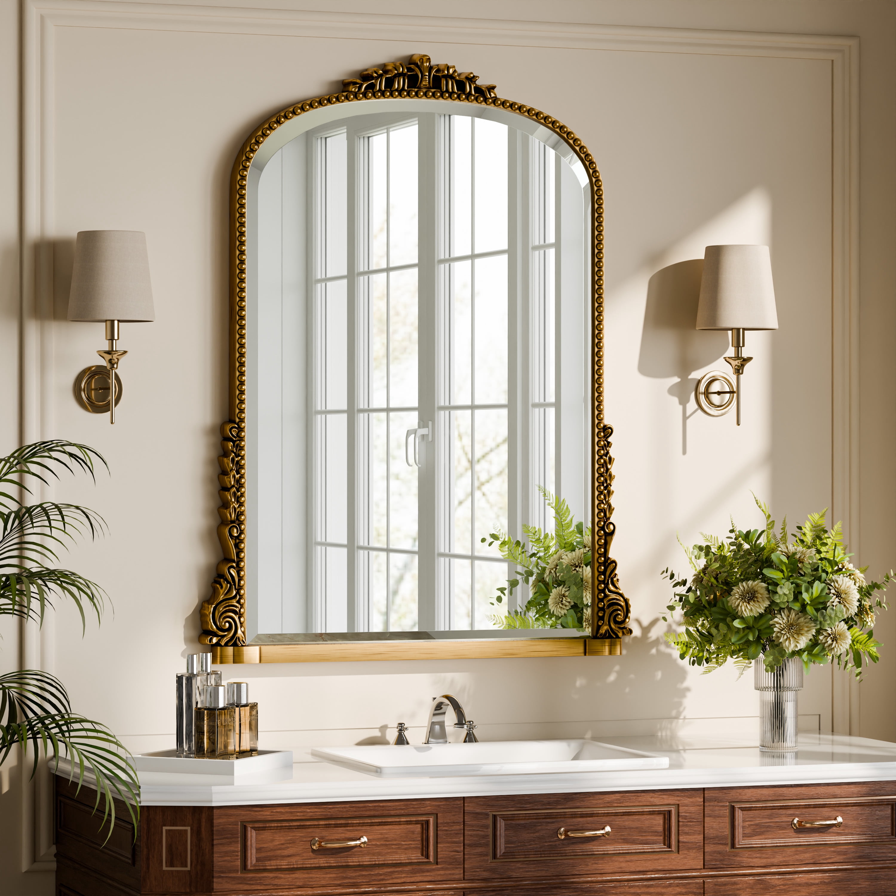 GRAHMCY 40"x 28" Arched Bathroom Mirror Hanging Vanity Mirror Decor Wall Mirror, Antique Gold