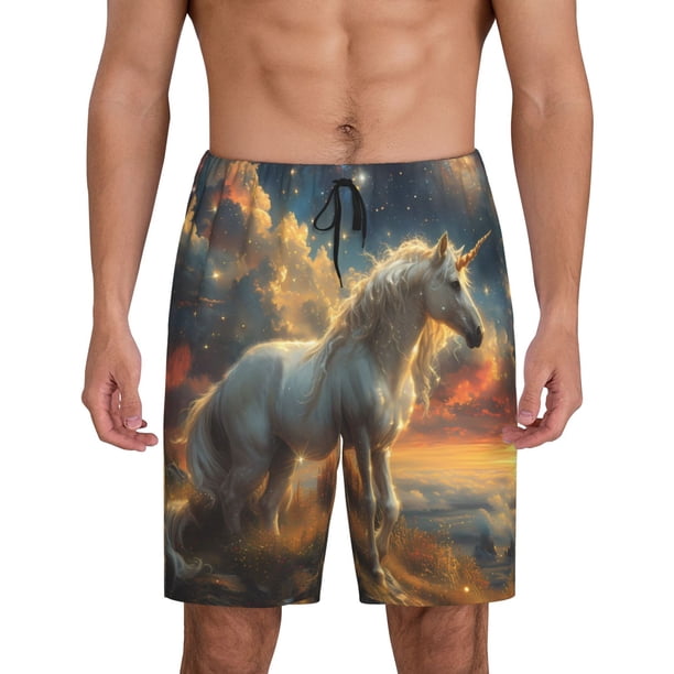 Balery Starry Sky White Horse Pantalones cortos de pijama de punto de algodón para hombre con cinturilla y bolsillos-X-Large