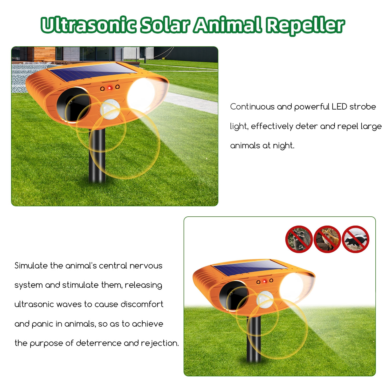SolarAnimal Repellent with Motion Detection, Waterproof Ultrasonic Technology for Cats, Rabbits, Deer, Raccoons, and Skunks - Yard, Garden, Farm Protector
