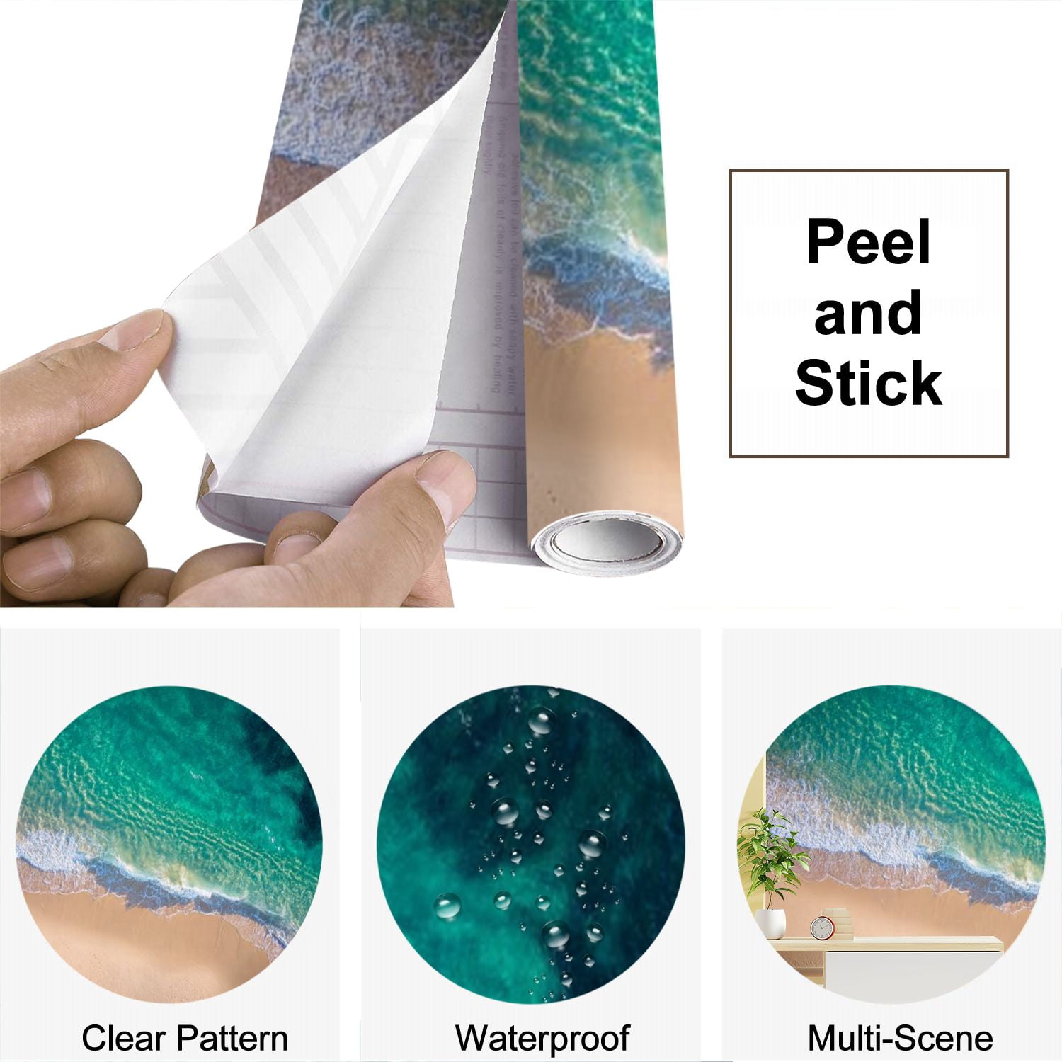Peel and Stick Wallpaper Clean ocean waves breaking white sand beach turquoise emerald coloured Modern Art Wall Mural Decor Self Adhesive and Removable 69in x 98in