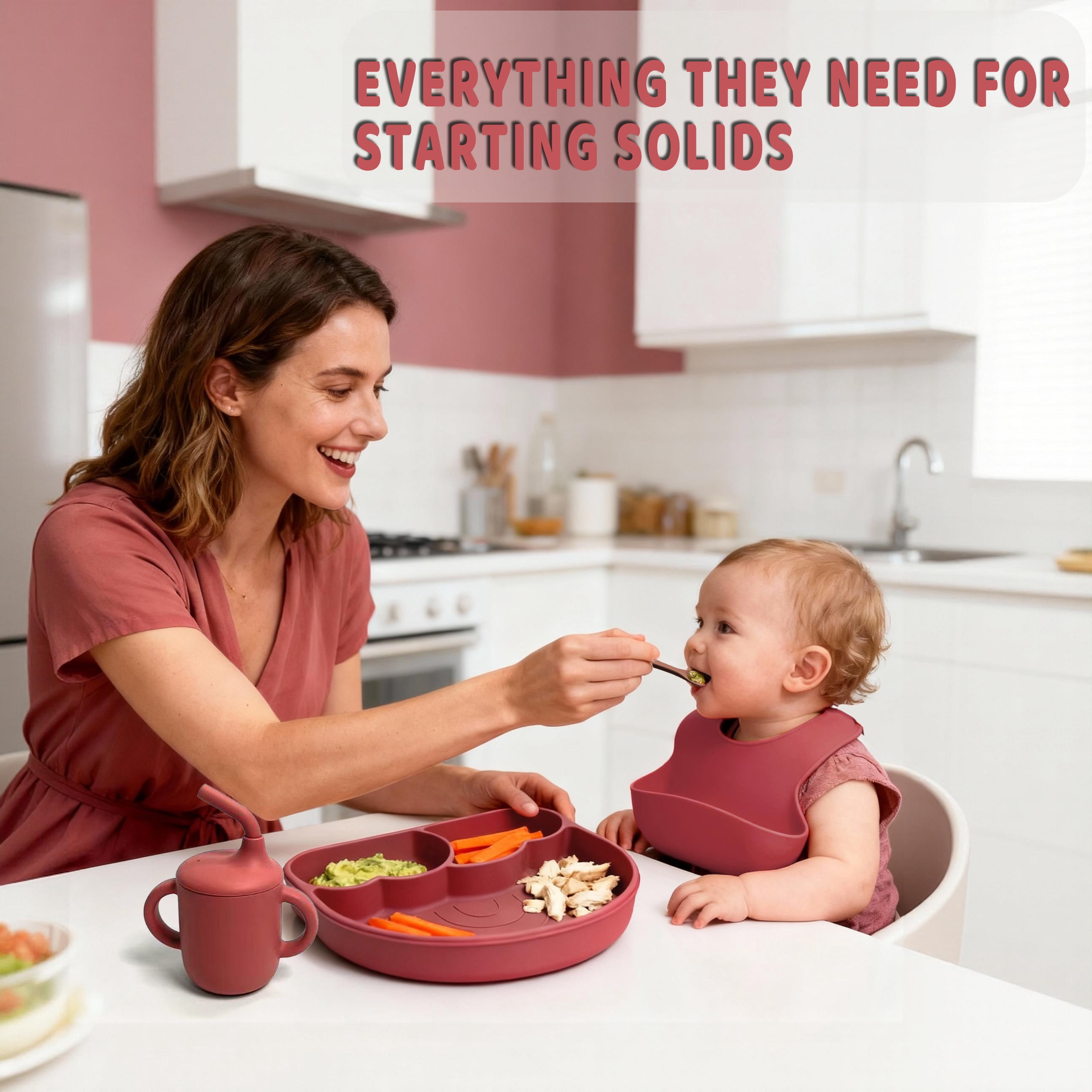 6 Pack Burgundy Rainbow Silicone Baby Feeding Set, Toddler Self Feeding Supplies For Infants 6+ Months