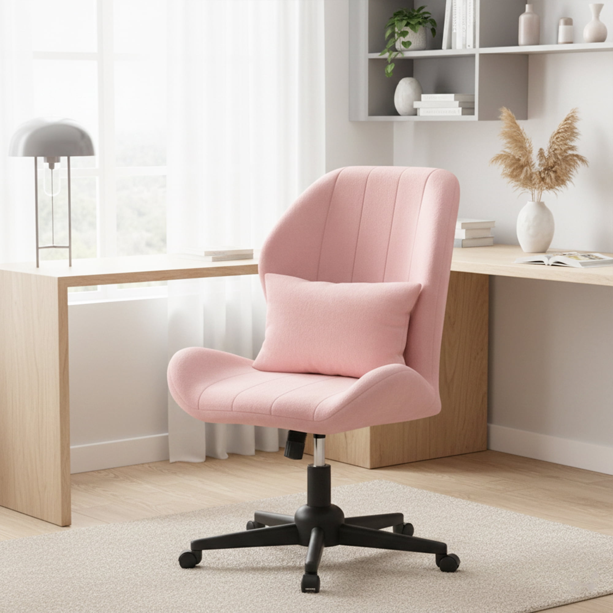 YIKEMA High Back Armless Rolling Office Chair, Wide Ergonomic Seat, Pink